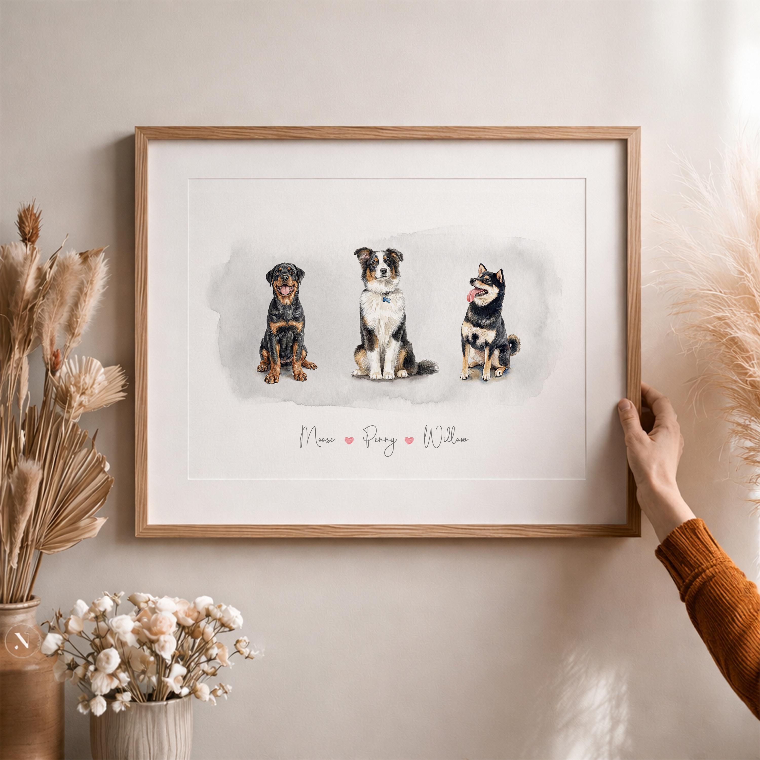 Custom Watercolor Three Pet Portrait From Photos, Personalized Dog Cat ...