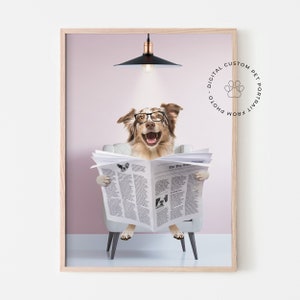 Dog Read Newspaper, Digital Pet Portrait, Pet Portrait Canvas, Pet Customization, funny wall art, dog painting, Funny Dog Portraits, dog art