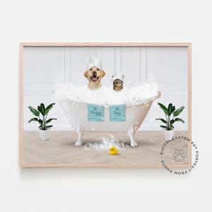 custom pet portrait from photo dogs in bathtub, bathroom wall art, black and white picture of dog, 2 dogs bathroom, Funny Bathroom Art, Pets