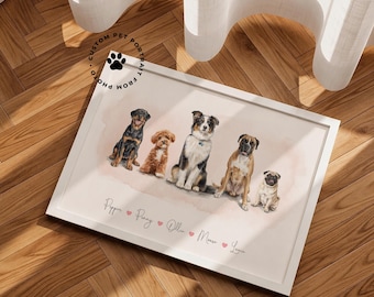 Custom Watercolor 5 Pet Portrait from Photo, Five Dog and Cat Portrait, Personalized Family Pet Art, Combined Pets Painting Gift Decor Print
