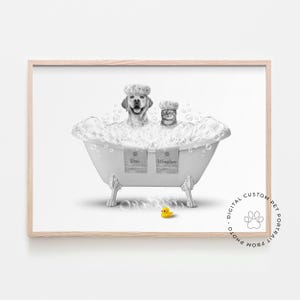Two Dogs in Bathtub Print, Black and White Animal in Bathtub, Funny Bathroom Art Print, Personalized Pet Dog Gift Illustration Bathroom Art