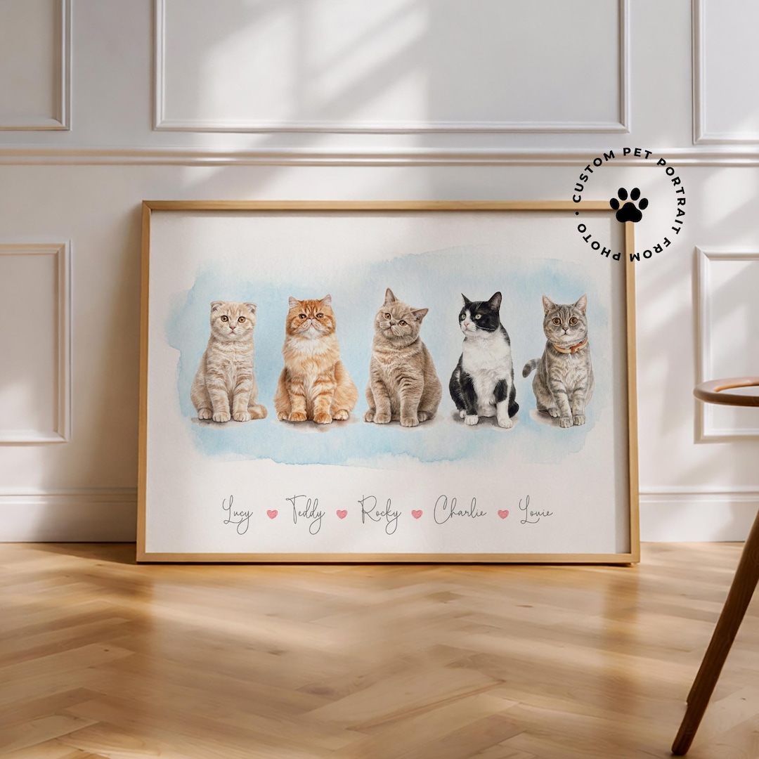 Custom 5 Pet Family Portrait From Photo, Watercolor Dog and Cat Artwork ...