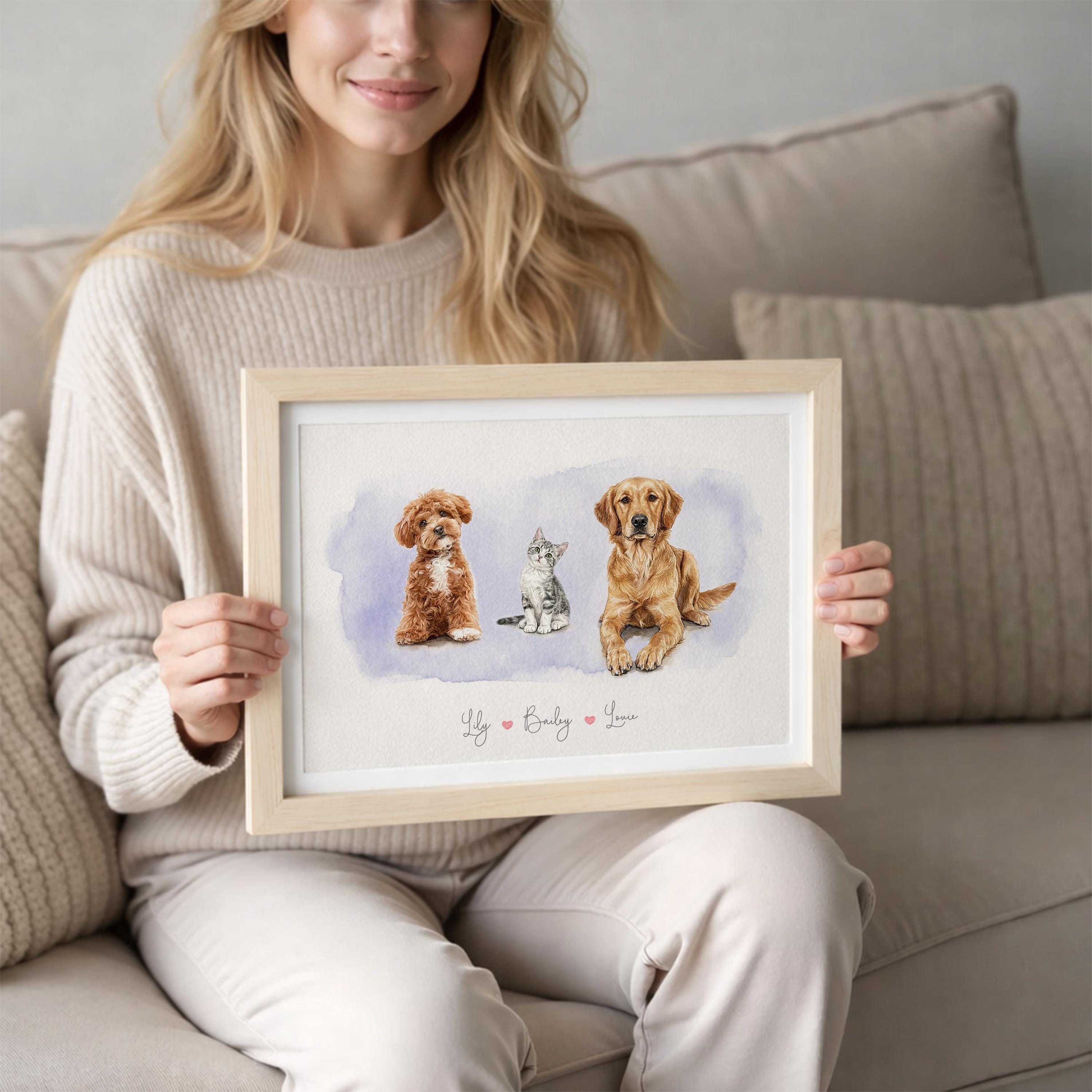 Custom Watercolor Three Pet Portrait From Photos, Personalized Dog Cat ...