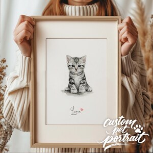 以下が含まれることがあります： グレーと白の子猫のカスタムペットポートレートの額入り。子猫は座って正面を向いています。「Luna」という名前が小さなピンクのハートとともに子猫の下に書かれています。フレームは薄茶色で、右下には「Custom Pet Portrait」の文字があります。