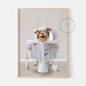 Pet Read Newspaper in Toilet, Funny Pet Portrait, Pet in Bathtub, Personalized pet gift, Kids Bathroom Wall Art, Pet Humour, Toilet Print