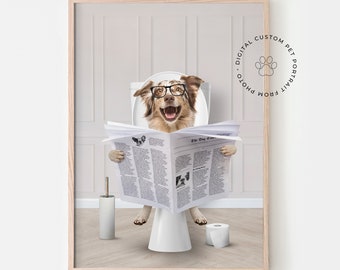 Pet Read Newspaper in Toilet, Funny Pet Portrait, Pet in Bathtub, Personalized pet gift, Kids Bathroom Wall Art, Pet Humour, Toilet Print