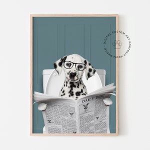dog reading newspaper on the toilet portrait Custom Pet Portrait From Photo, Funny Bathroom Art, Pet In Toilet Print, Kids Bathroom Wall Art