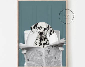 Pet bathroom poster. Dog or cat on toilet reading newspaper. Custom portrait from photo. Funny toilet art. Digital download printable file x