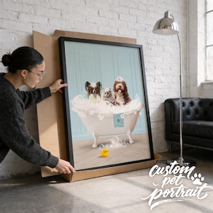 Three pets bubble tub portrait. Personalized from your photo. Bathroom wall poster. Kids bath decor. Digital printable art file to frame