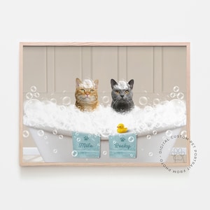 Two pets in Bathtub Custom Pet Portrait from photo, Funny Bathroom Dog Art, Pet Gift, Restroom Pet Portraits, Kids Bathroom Wall Art, dogart