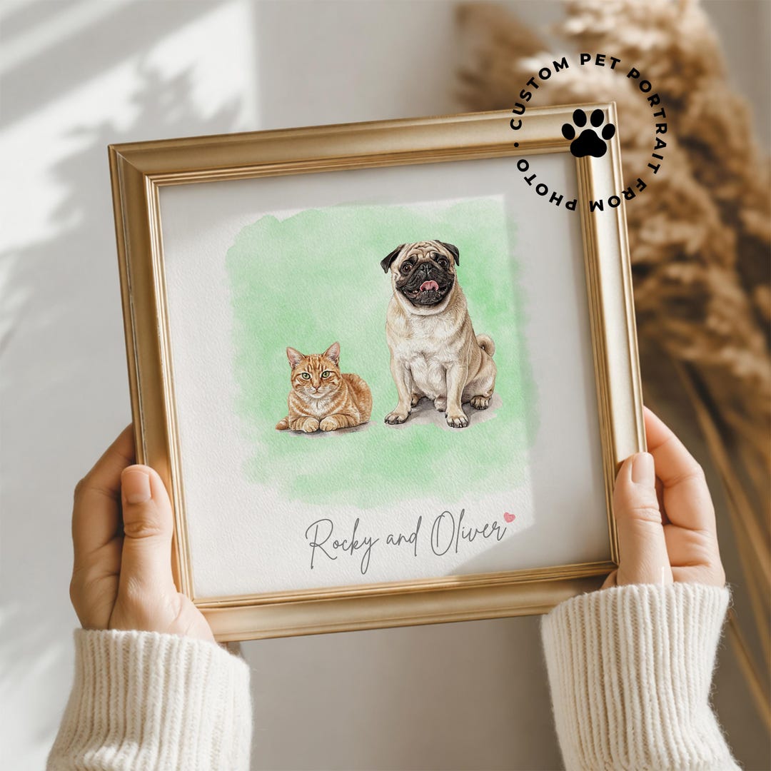 Custom Watercolor Pet Portrait Two Pets From Photo Dog Cat Painting ...