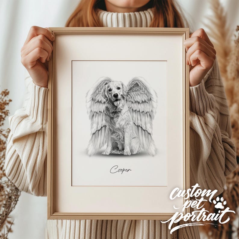 Pet Loss Memorial Portrait From Photo, Loss Of Pet, Pet Loss Sympathy Gift, dog with Angel Wings, Minimalist Dog Loss Drawing, Pet portrait image 1