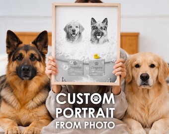 Two pets in Bathtub Custom Pet Portrait from photo, Funny Bathroom Dog Art,  Personalized Pet Dog Gift Illustration, Animal in Bathtub