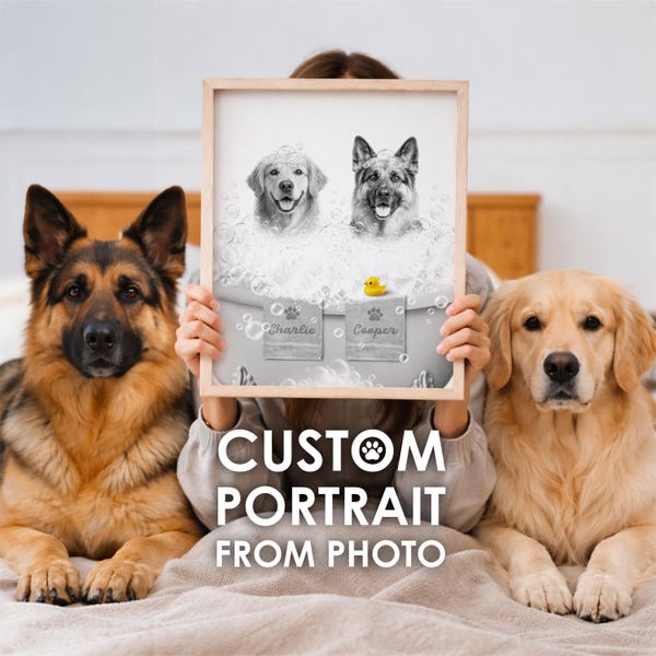 Two pets in Bathtub Custom Pet Portrait from photo, Funny Bathroom Dog Art,  Personalized Pet Dog Gift Illustration, Animal in Bathtub