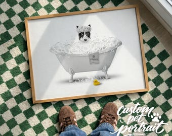 Pet Bath Time Portrait | Custom Funny Dog or Cat Poster | Bathroom Wall Decor | Personalized Washroom Art Print | Unique Gift