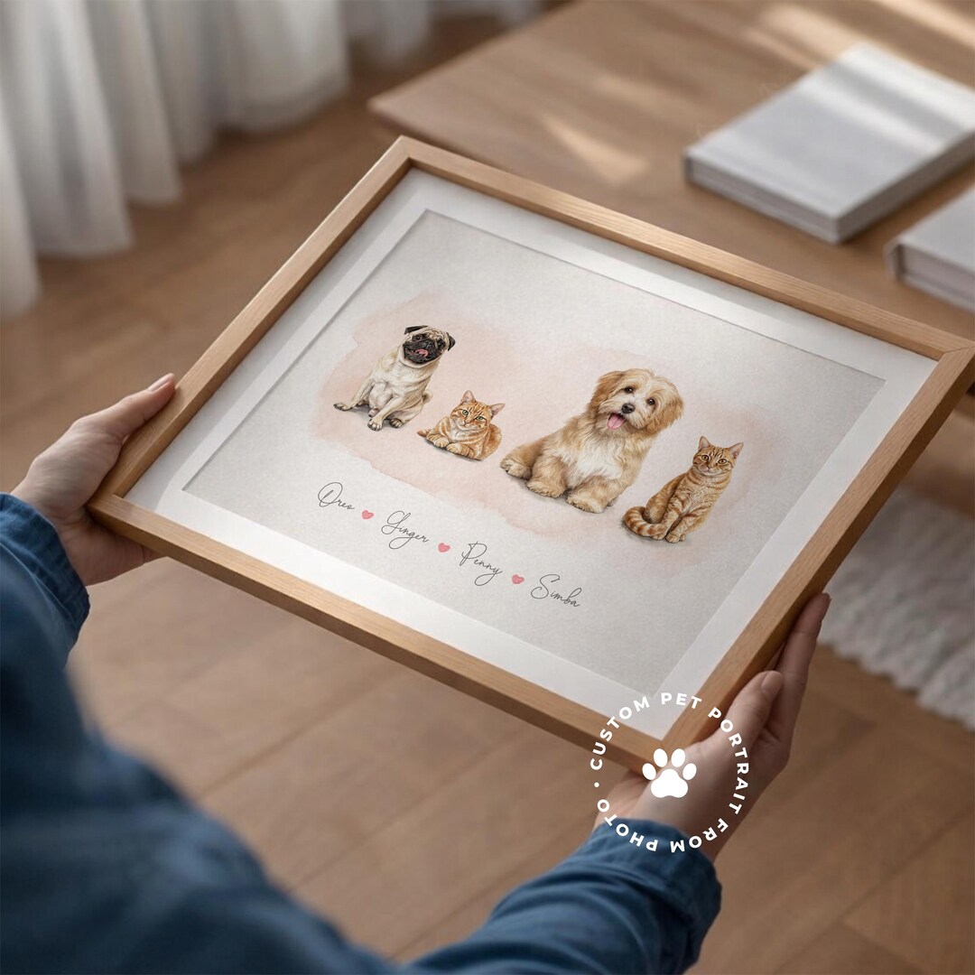 Custom Four Pet Watercolor Painting From Photo, Personalized Dog Cat ...