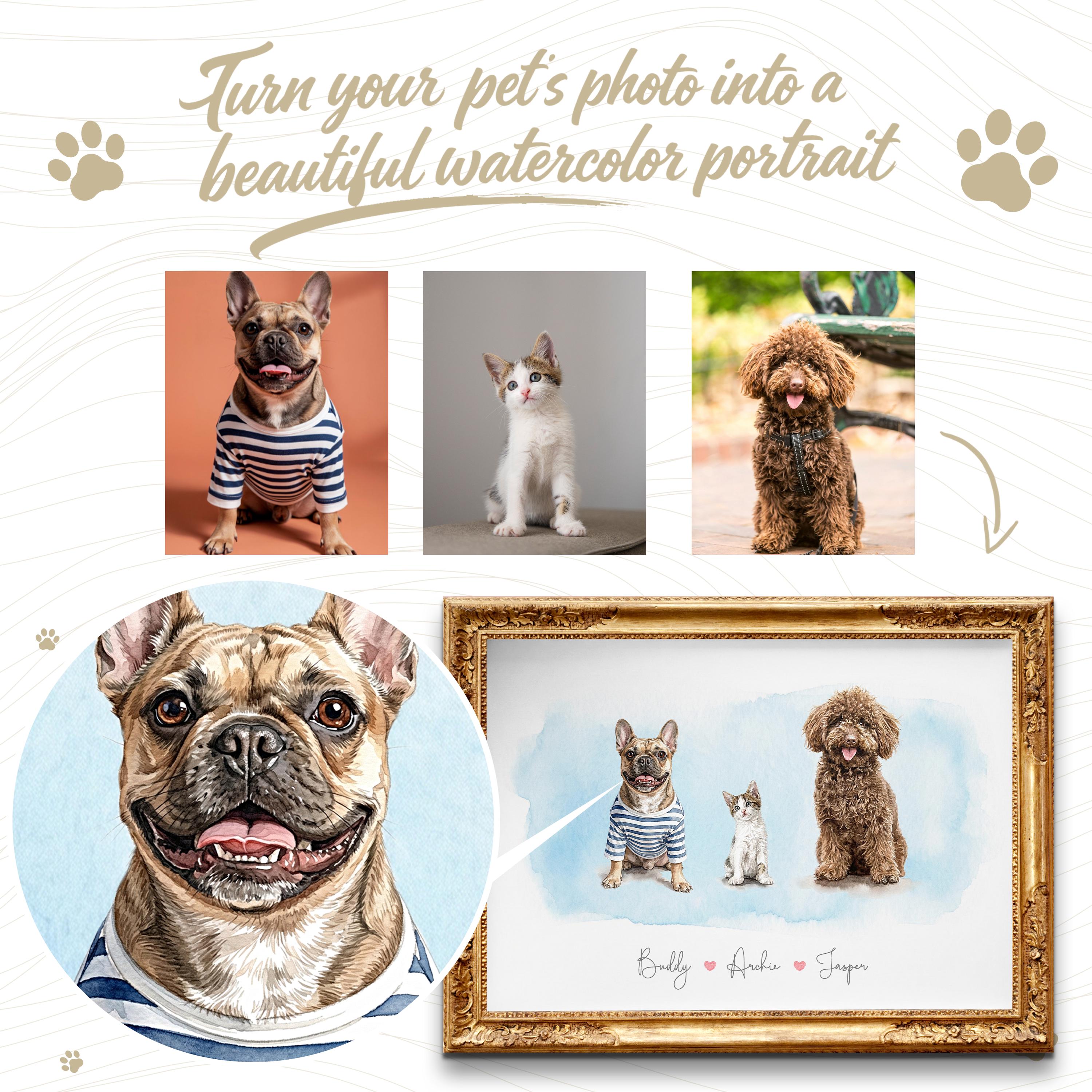 Custom Watercolor Three Pet Portrait From Photos, Personalized Dog Cat ...