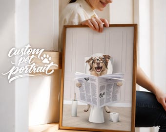Pet Read Newspaper in Toilet, Funny Pet Portrait, Pet in Bathtub, Personalized pet gift, Kids Bathroom Wall Art, Pet Humour, Toilet Print