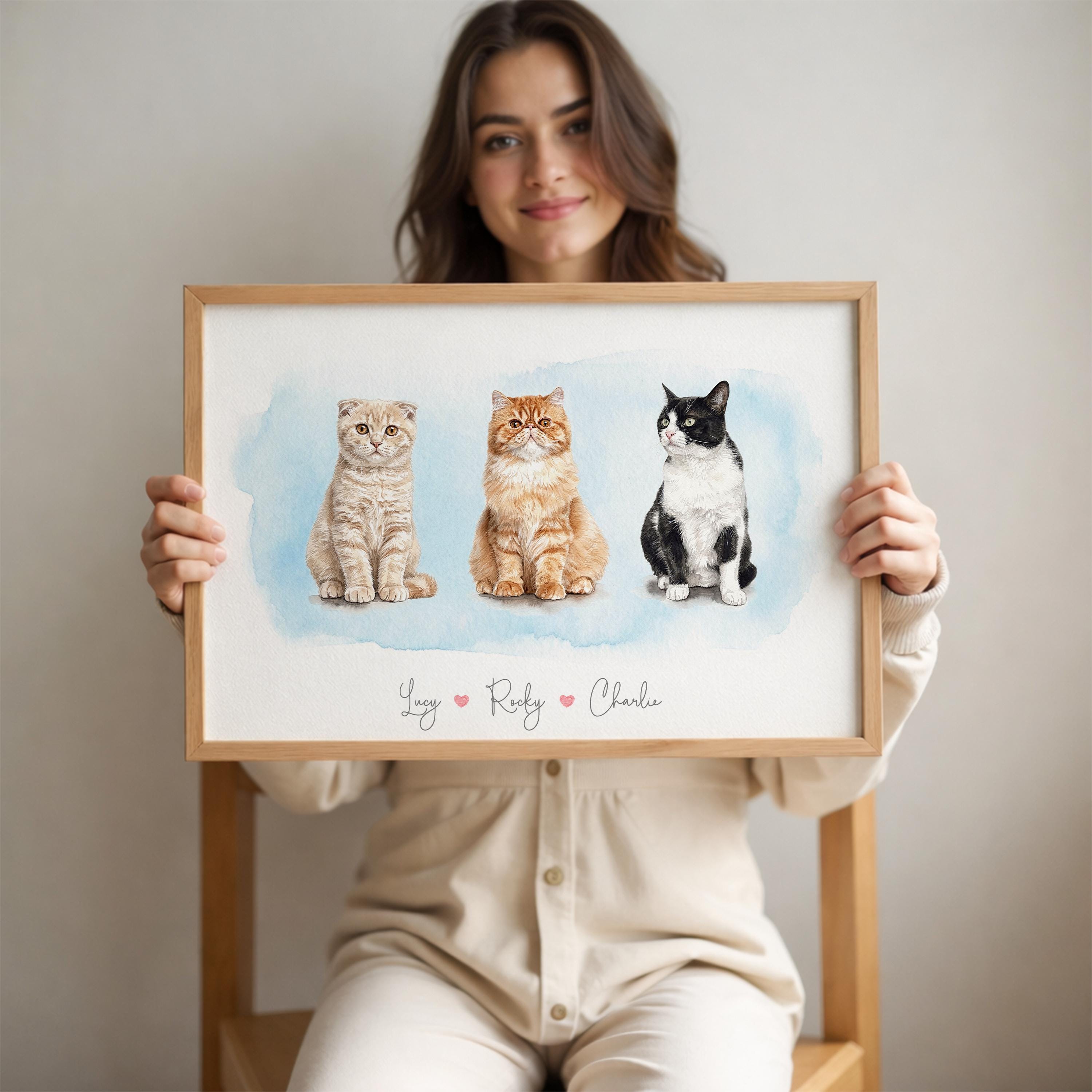 Custom Watercolor Three Pet Portrait From Photos, Personalized Dog Cat ...