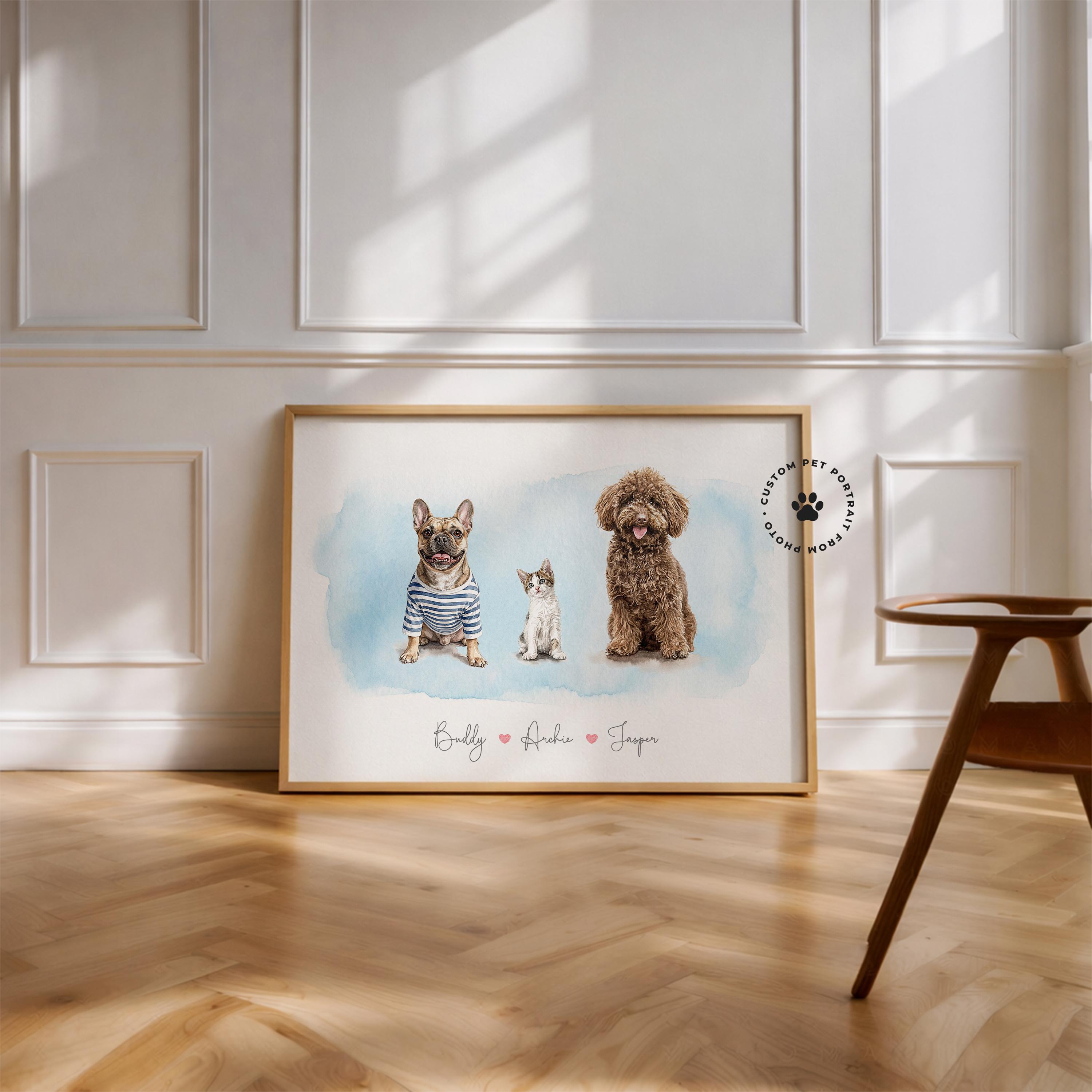 Custom Watercolor Three Pet Portrait From Photos, Personalized Dog Cat ...