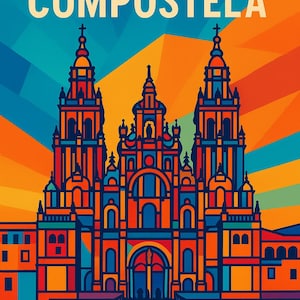 Santiago de Compostela Cathedral Poster – Colourful Camino de Santiago Art Print, Digital Download