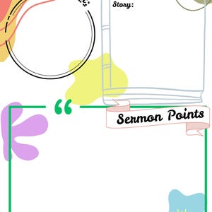 May include: A printable worksheet for recording notes from a church mass. The worksheet features a colorful design with a cross, a book, and a speech bubble. The text "TODAY'S MASS" is at the top of the page. The text "Song I liked best;" is in a circle. The text "Gospel:" and "Story:" are in a rectangle. The text "66 Sermon Points 99" is in a speech bubble.