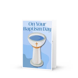 Carte de voeux de baptême – fonts baptismaux bleus avec motif croix (5 x 7 po.) | Souvenir chrétien