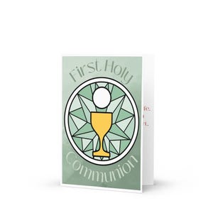 Tarjeta de Primera Comunión – Cáliz de vitral verde (12,7 x 18,8 cm)