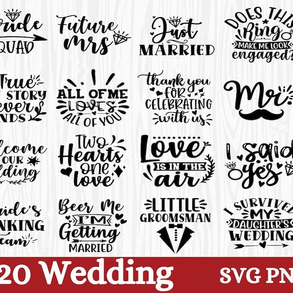 20 Wedding SVG Bundle, T Shirt SVG, Svg Files for Cricut, Silhouette Cut Files, Clipart, Svg for Shirts, Cricut Sticker Svg