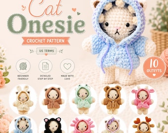 10-in-1 Cat Onesie Crochet Pattern Amigurumi PDF | Amigurumi Cat Doll with 10 Animal Hooded Outfits | Digital Download