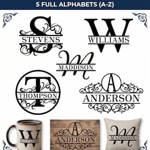 Split Monogram SVG Bundle för Cricut, Alfabet Split Letters PNG DXF, Efternamn Monogram Typsnitt, Fancy Script Circle Monogram