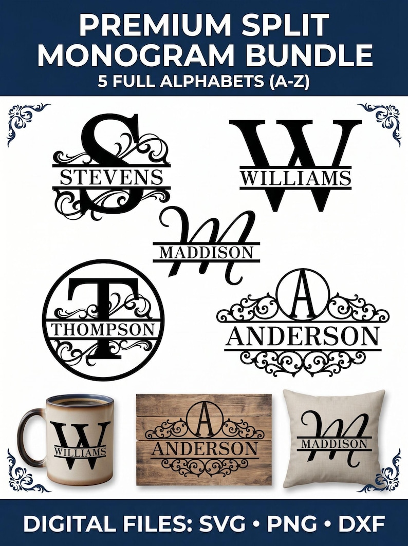 May include: A digital file bundle with split monogram designs. The image displays different monogram styles, including the names Stevens, Williams, Maddison, Thompson, and Anderson. The designs are shown on a mug, wooden sign, and cushion. The text reads "PREMIUM SPLIT MONOGRAM BUNDLE" and "DIGITAL FILES: SVG &bull; PNG &bull; DXF".