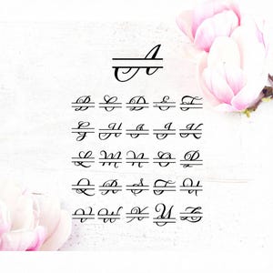 May include: A black, elegant monogram alphabet in a script font, each letter with a horizontal line. The letters are displayed on a white wooden background, with pink flowers in the upper right and lower left corners.