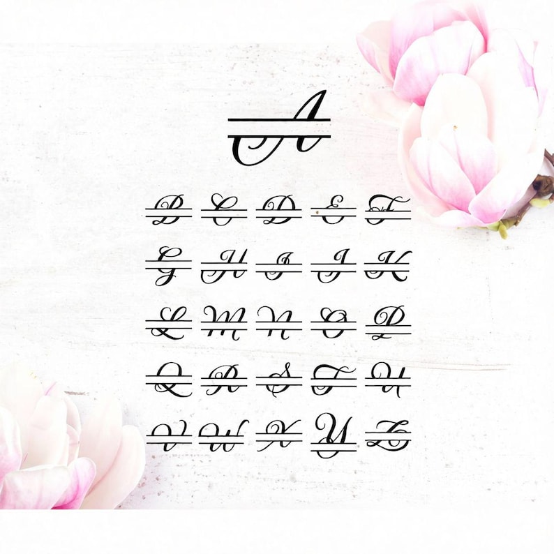 May include: A black, elegant monogram alphabet in a script font, each letter with a horizontal line. The letters are displayed on a white wooden background, with pink flowers in the upper right and lower left corners.