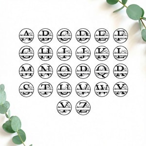 May include: A set of black monogram designs, each with a different letter of the alphabet. The letters are enclosed in a circle, with a decorative flourish at the bottom. The design is set against a white background.