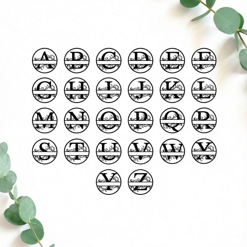 May include: A set of black monogram designs, each with a different letter of the alphabet. The letters are enclosed in a circle, with a decorative flourish at the bottom. The design is set against a white background.