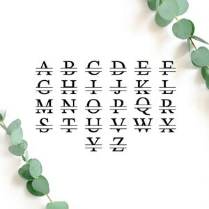 May include: Black alphabet letters A to Z, each split horizontally with a line. The letters are displayed in a grid format against a white background, with green eucalyptus leaves in the corners.