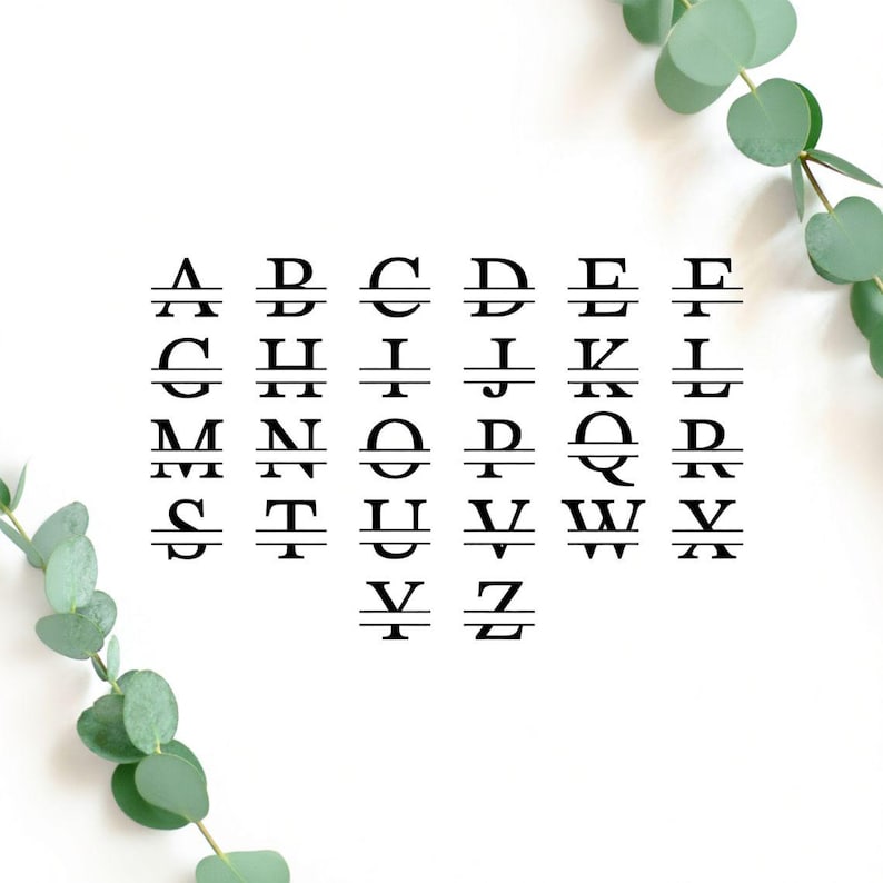 May include: Black alphabet letters A to Z, each split horizontally with a line. The letters are displayed in a grid format against a white background, with green eucalyptus leaves in the corners.