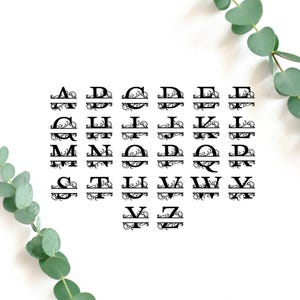 May include: A set of black, split-letter monograms, each featuring a decorative flourish. The letters A to Z are arranged in a grid, suitable for personalised crafts or home decor. The design is set against a white background.