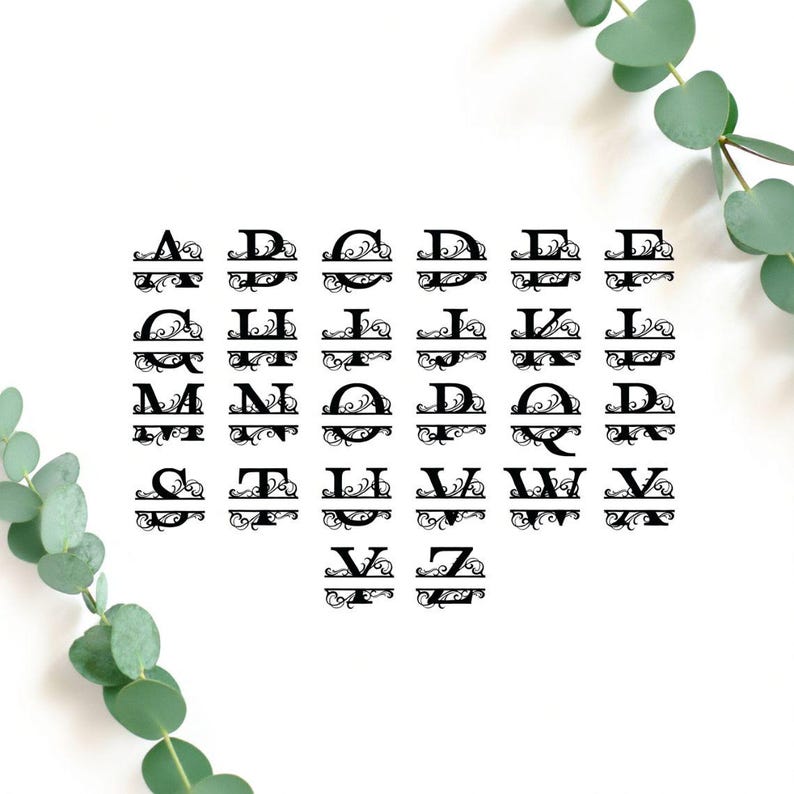 May include: A set of black, split-letter monograms, each featuring a decorative flourish. The letters A to Z are arranged in a grid, suitable for personalised crafts or home decor. The design is set against a white background.