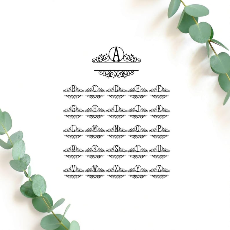May include: A selection of black, decorative monogram designs, each showcasing a letter of the alphabet. The designs are set against a white backdrop, with a sprig of green leaves in the corner. The letter "A" is displayed at the top.