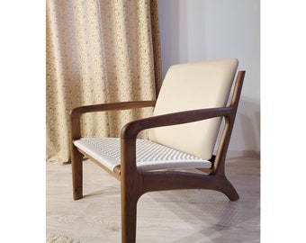 Braided Rope Lounge Armchair, Ash/Oak Wood, Faux Leather Back
