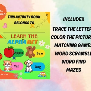 Printable Activity Book for Kids/26 pages of Puzzle and Coloring/Fun Educational Worksheets for Toddlers ages 3-5/Instant PDF Download