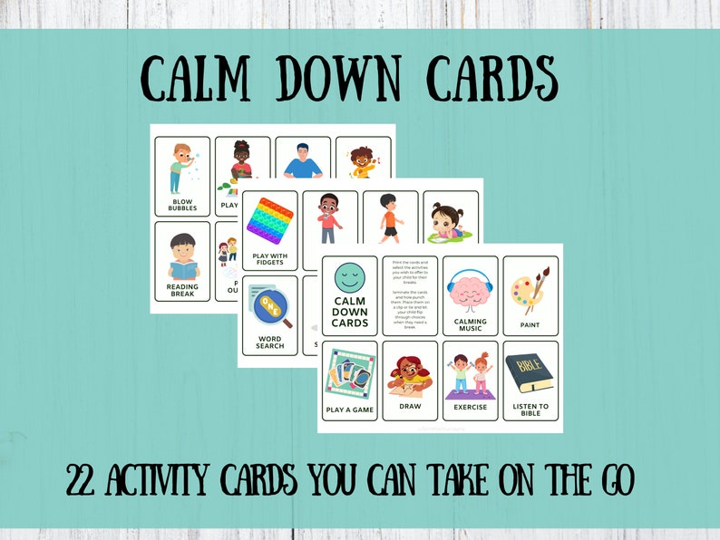 Może przedstawiać: Zestaw 22 kolorowych kart z ilustracjami i tekstem, na kt&oacute;rych widnieje napis "Calm Down Cards" i "22 Activity Cards You Can Take On The Go". Karty przedstawiają takie aktywności jak dmuchanie baniek mydlanych, zabawa w fidgety, czytanie, wyszukiwanie sł&oacute;w, słuchanie kojącej muzyki, malowanie, rysowanie, ćwiczenia i słuchanie Biblii.