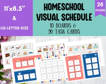 Op de afbeelding: Visueel schema voor thuisonderwijs met 10 borden en 90 taakkaarten. De pagina's zijn 27,9 cm x 21,6 cm groot. Het schema bevat ochtend-, school- en avondroutines. Elke routine heeft taakkaarten.