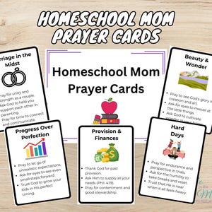 Puede incluir: Tarjetas de oración para mamás que estudian en casa con varios temas como el matrimonio, el progreso y las finanzas. Cada tarjeta presenta un título y viñetas con oraciones relacionadas. Las tarjetas están dispuestas sobre una superficie de vetas de madera clara.