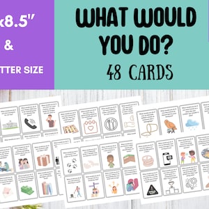 Pode incluir: Um conjunto de 48 cartas com várias ilustrações e sugestões para um jogo chamado "O que você faria?" As cartas são impressas em papel branco e medem 11 polegadas por 8,5 polegadas. As cartas estão dispostas em seis filas de oito cartas cada.