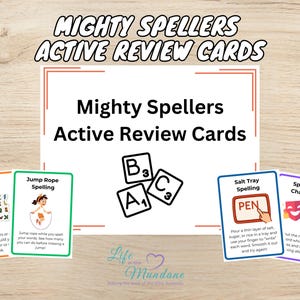 May include: Educational flashcards titled "Mighty Spellers Active Review Cards" with various spelling activities. Includes cards for sticker spelling, jump rope spelling, salt tray spelling, and spelling charades. The cards are on a light wood grain background.