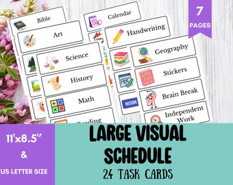 Op de afbeelding: Een visueel schema met 24 taakkaartjes voor kinderen. De kaartjes zijn gedrukt op wit papier en bevatten kleurrijke illustraties en tekst. De kaartjes zijn gelabeld met onderwerpen zoals Bijbel, Kunst, Wetenschap, Geschiedenis, Wiskunde, Lezen, Kalender, Handschrift, Aardrijkskunde, Stickers, Breinpauze en Onafhankelijk Werk. Het schema is 28 cm bij 21,5 cm en is ook verkrijgbaar in US Letter formaat.
