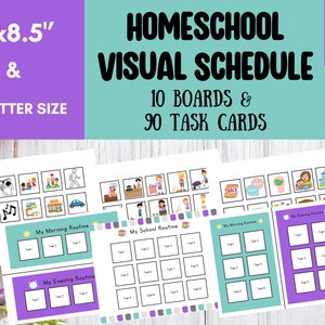 Op de afbeelding: Een set van 10 printbare homeschool visuele planningborden en 90 taakkaartjes. De borden zijn gelabeld met "Mijn ochtendroutine", "Mijn schoolroutine" en "Mijn avondroutine". De taakkaartjes bevatten verschillende afbeeldingen, waaronder een piano, een auto, een boek en een snack.